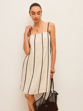 Commense NWT Cotton Linen Striped Mini Dress Cream Black Piping w/ Pockets Large